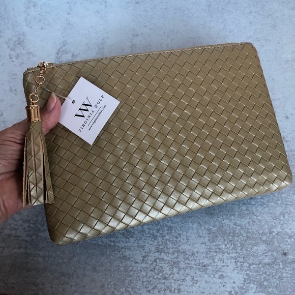 Virginia Wolf Handbags - Virginia Wolf NYC Mimi Woven Metallic Gold Faux Leather Clutch Pouch